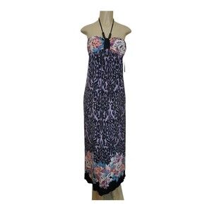 Saint Tropez West Size 8 Women's Halter Long Maxi Dress Purple Floral Beaded NWT